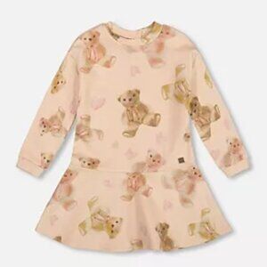 Deux par Deux Girl Glittering French Terry Dress Beige Teddy Bear Print NWT